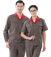 精格系列 [ KG-3879款 ] 卡其、拼大紅細帆布拼色短袖 工作服款式